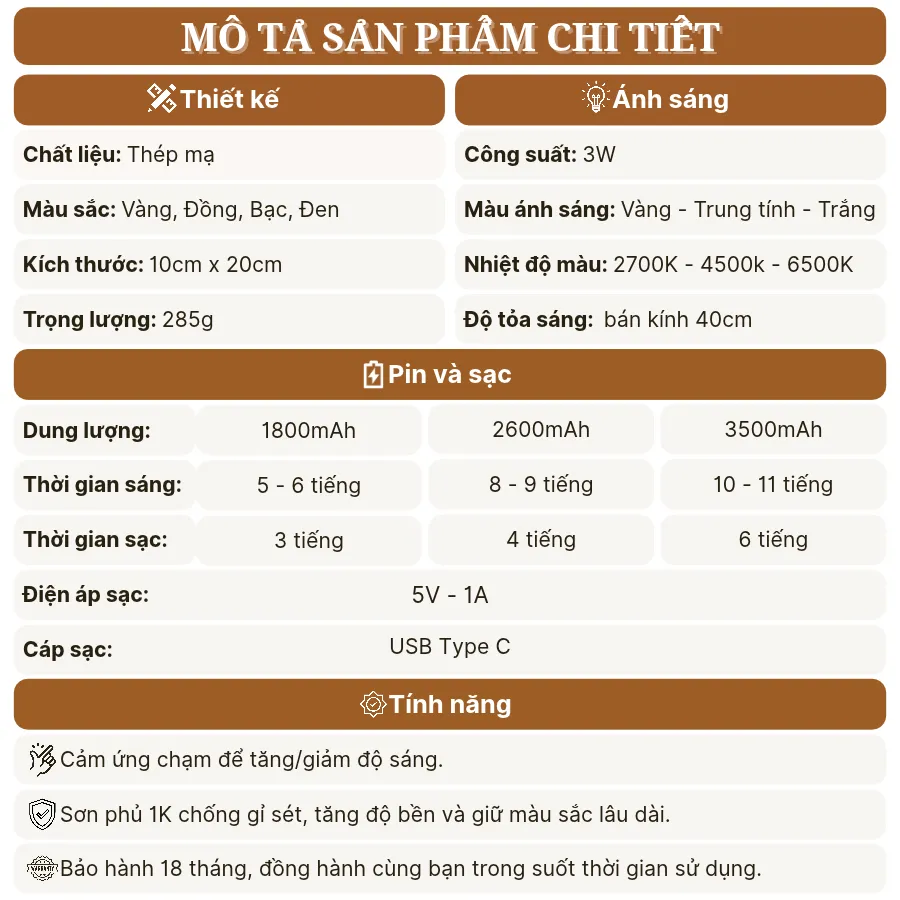 Thông số kỹ thuật đèn bàn pin sạc RESDIA1 chạm cảm ứng, bảo hành 18 tháng