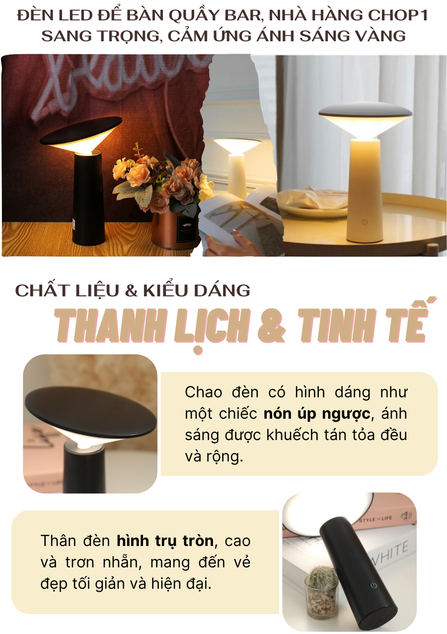 Đèn bàn led quán bar, bàn ăn nhà hàng, cảm ứng, pin sạc, tích điện, ánh sáng vàng điều chỉnh độ sáng mã CHOP1