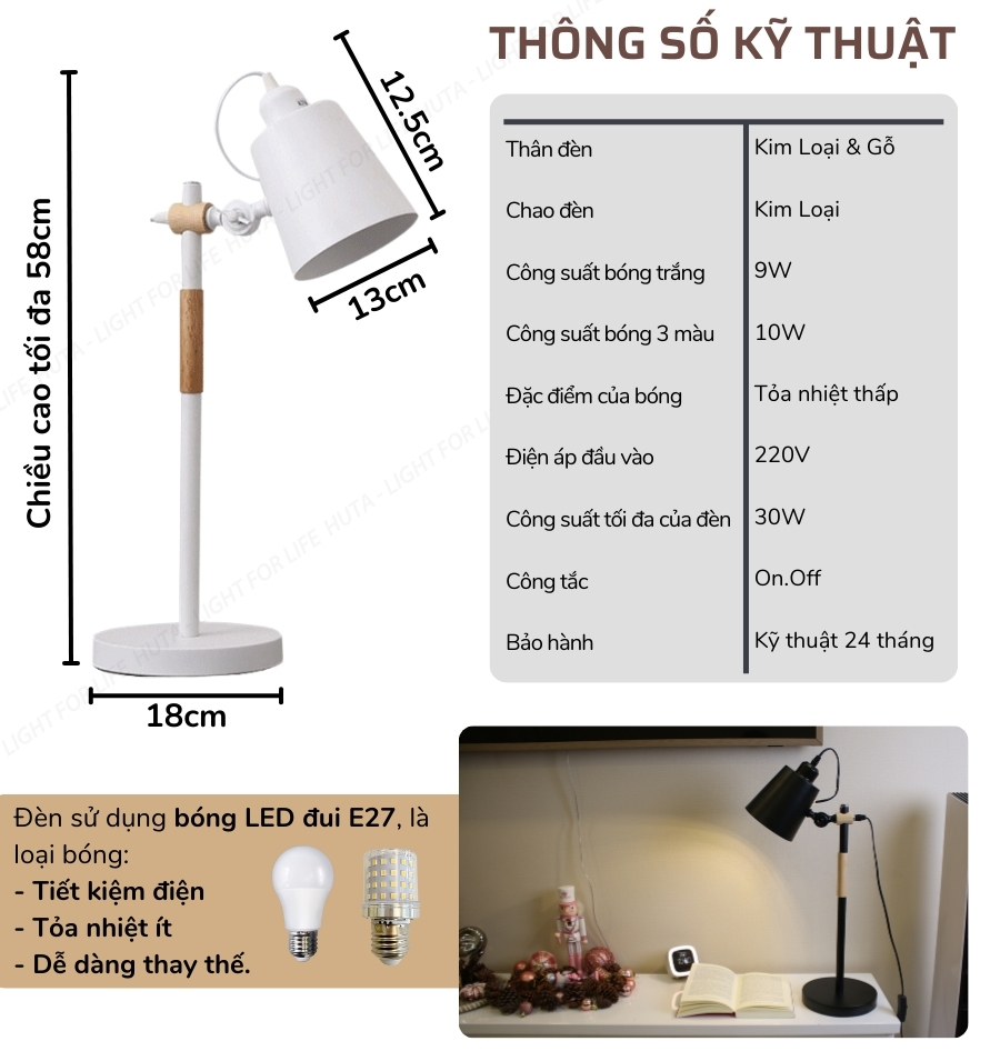 2. Thông số kĩ thuật đèn bàn học mã LVK1