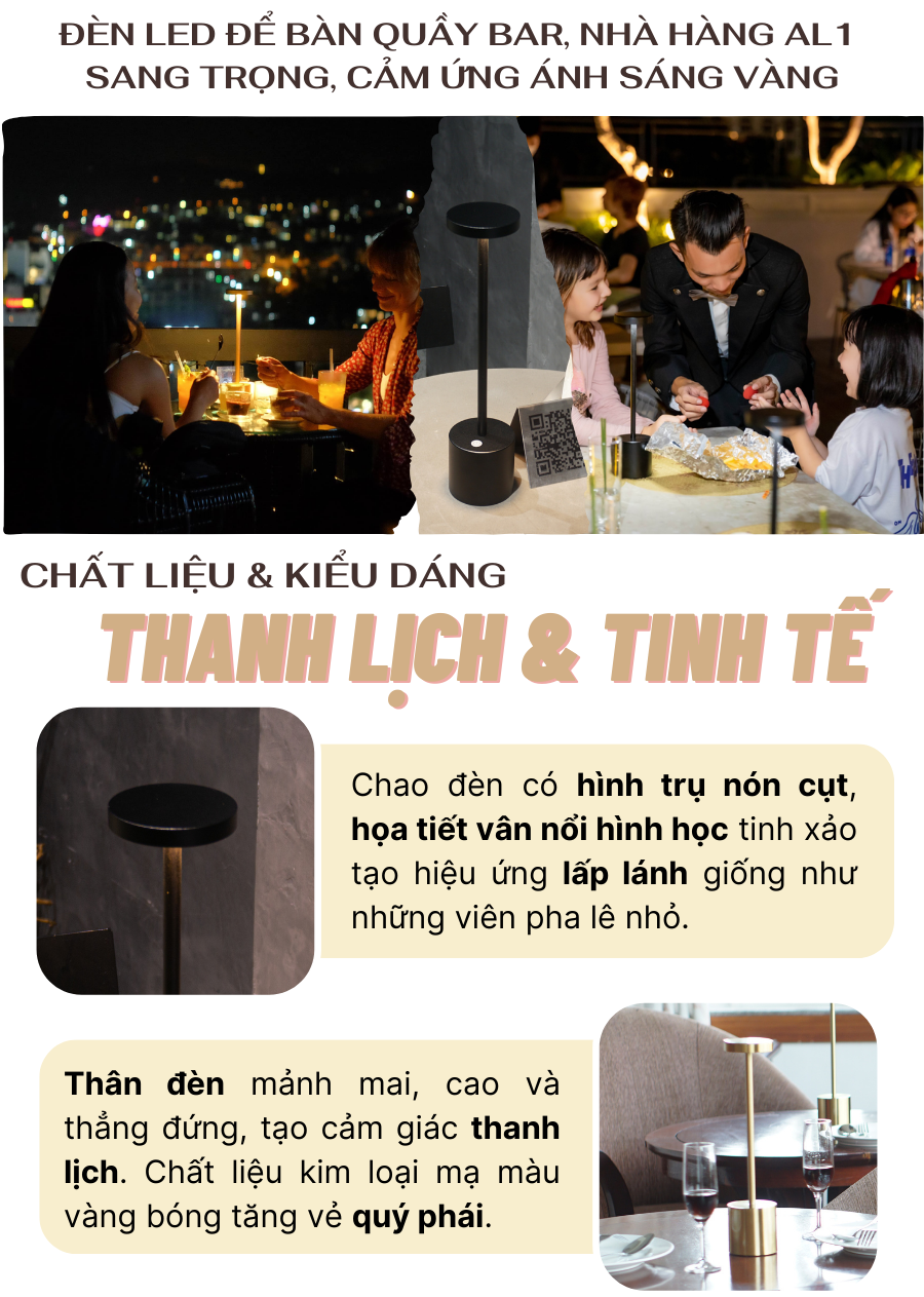 1. Đèn bàn led quầy bar, quán bar, bàn ăn nhà hàng pin sạc, tích điện, ánh sáng vàng điều chỉnh độ sáng mã ET1