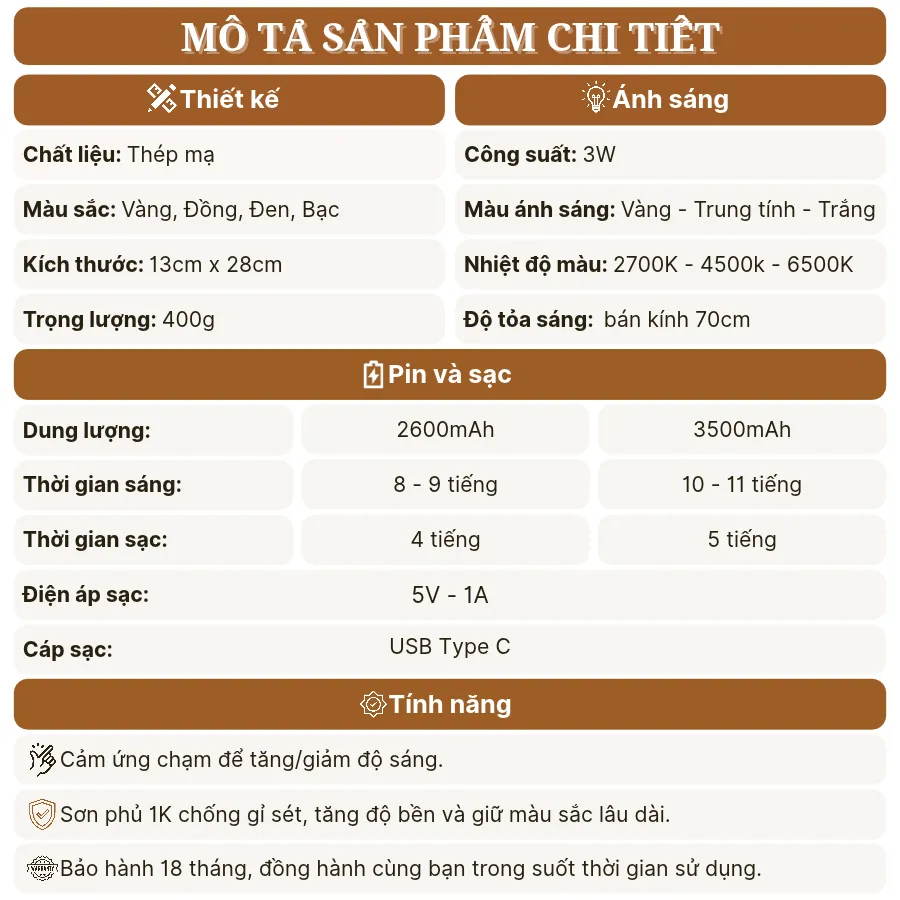 Thông số kỹ thuật đèn bàn pin sạc AL3 chạm cảm ứng, bảo hành 18 tháng