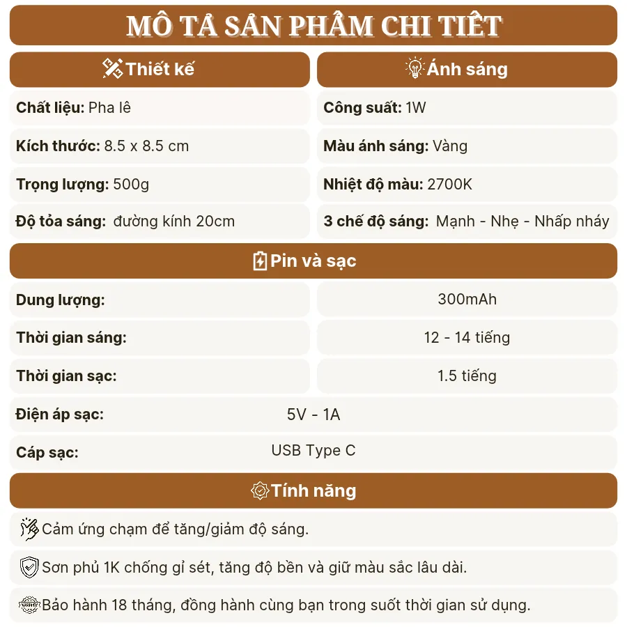 Thông số kỹ thuật đèn bàn pin sạc PLCOC thiết kế hiện đại, bảo hành 18 tháng
