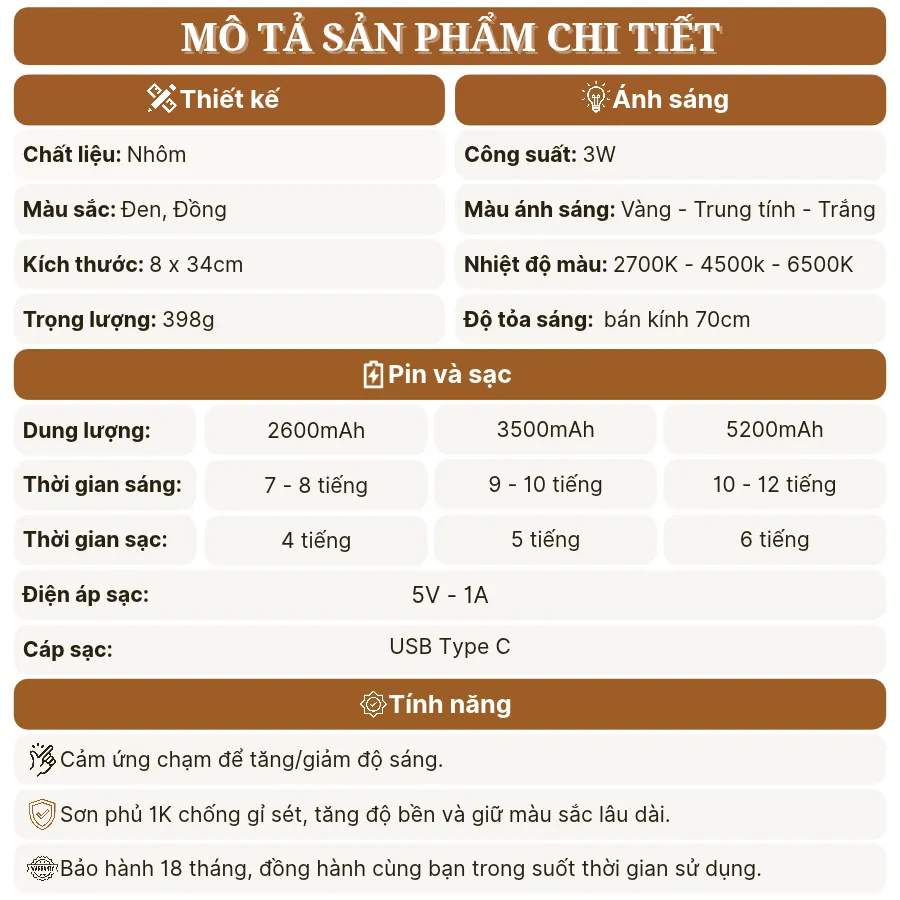 Thông số kỹ thuật đèn bàn pin sạc AL1 nhôm thiết kế hiện đại, bảo hành 18 tháng
