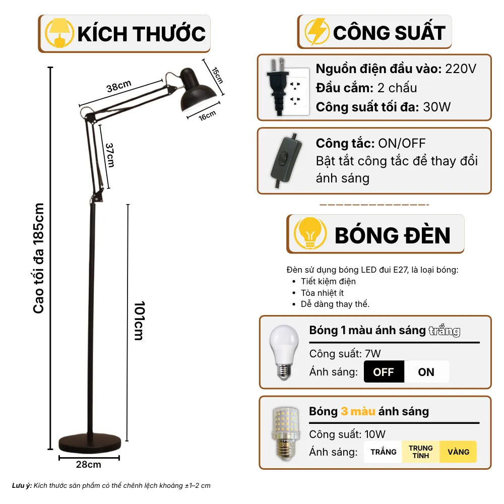 Thông Số Kĩ Thuật Đèn Cây Đứng Decor HUTA Light For Life KC1 Thân Kim Loại Cong, 3 Màu Ánh Sáng, Bảo Hành 24 Tháng