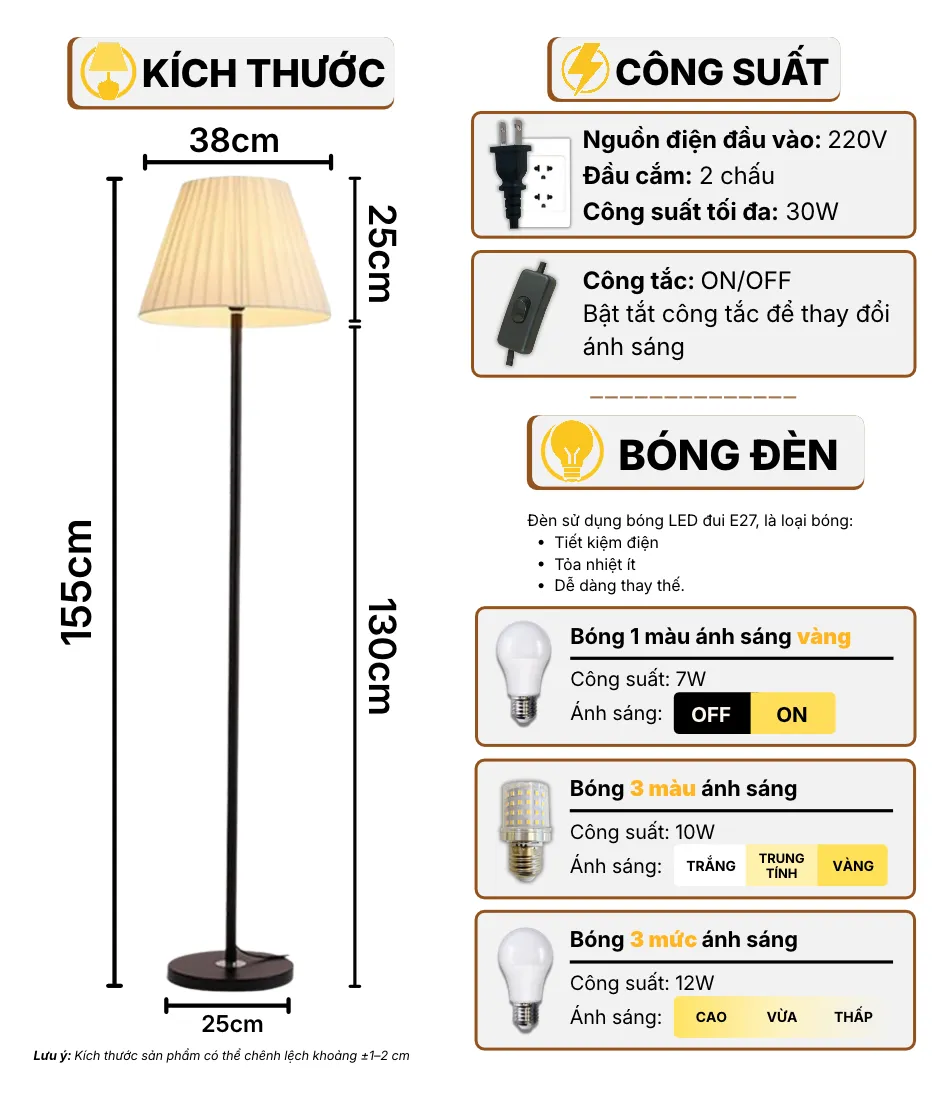 Thông Số Kĩ Thuật Đèn Cây Đứng Decor HUTA Light For Life KT1 Thân Kim Loại, 3 Màu Ánh Sáng, Bảo Hành 24 Tháng