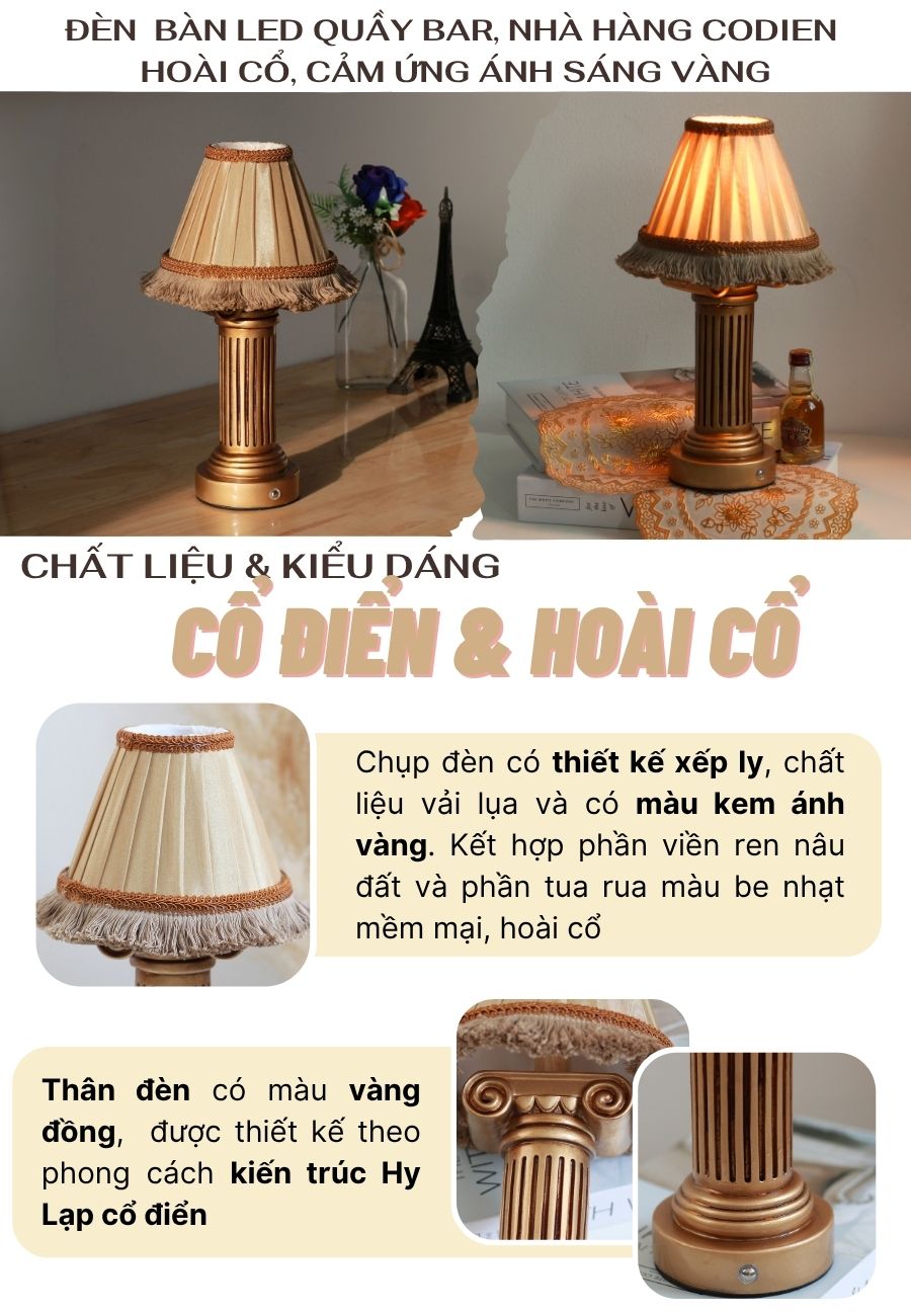 Đèn bàn led quầy bar HUTA - Light For Life CODIEN hoài cổ, cảm ứng, ánh sáng vàng