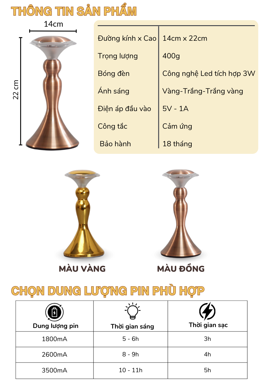 Thông số kỹ thuật đèn bàn LED quán bar, nhà hàng RESCUP