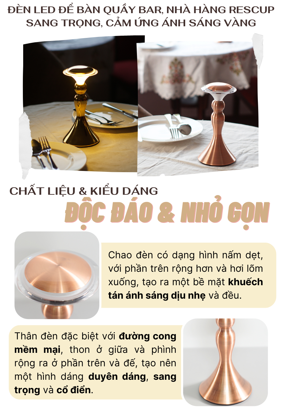 Đèn bàn LED quầy bar, quán bar, bàn ăn nhà hàng, cảm ứng, pin sạc, tích điện, ánh sáng vàng điều chỉnh độ sáng mã RESCUP