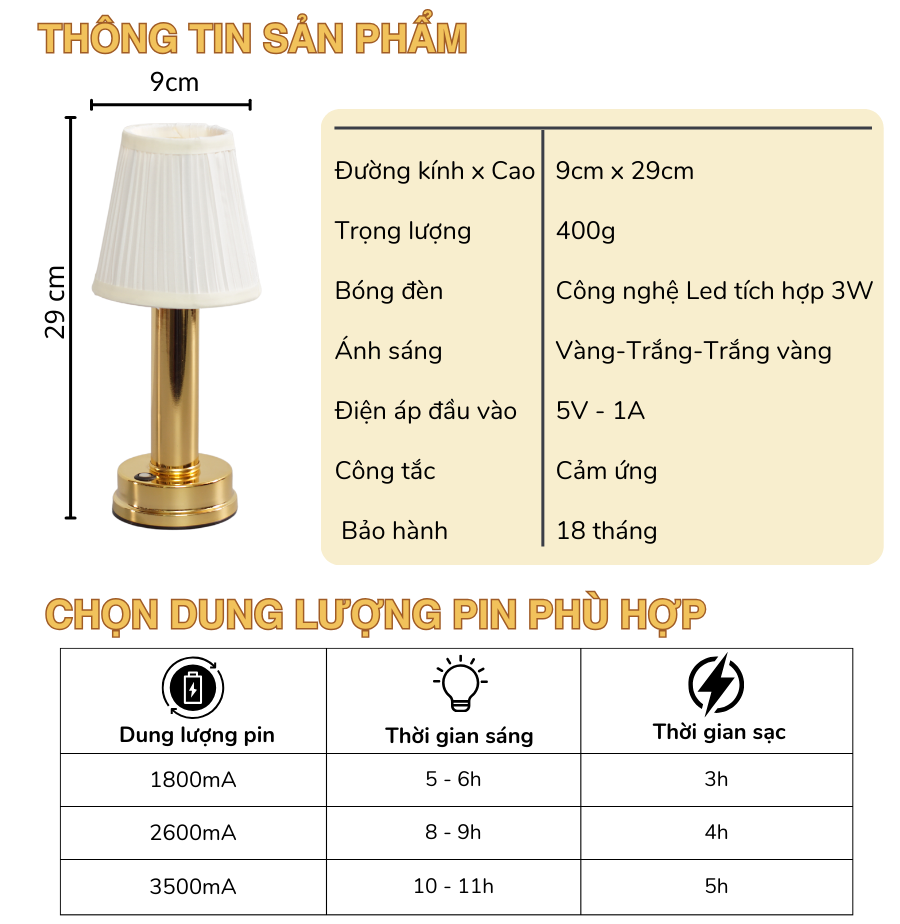 Thông số kỹ thuật của đèn bàn LED quán bar, nhà hàng RESBED1