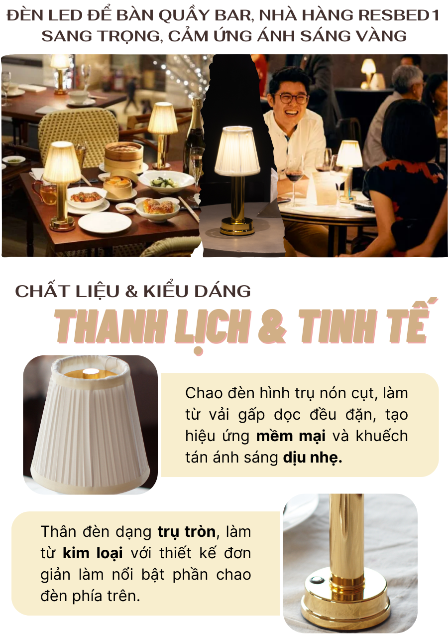 Đèn bàn led quầy bar, quán bar, bàn ăn nhà hàng, cảm ứng, pin sạc, tích điện, ánh sáng vàng điều chỉnh độ sáng mã RESBED1