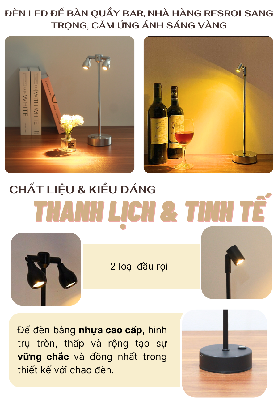 Đèn bàn led quầy bar, quán bar, bàn ăn nhà hàng, quán cà phê, cảm ứng, pin sạc, tích điện, ánh sáng vàng điều chỉnh độ sáng mã RESROI