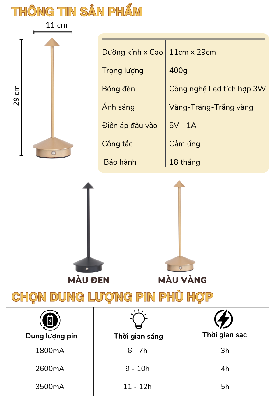 Thông số kỹ thuật của đèn bàn LED quán bar, nhà hàng TAMGIAC