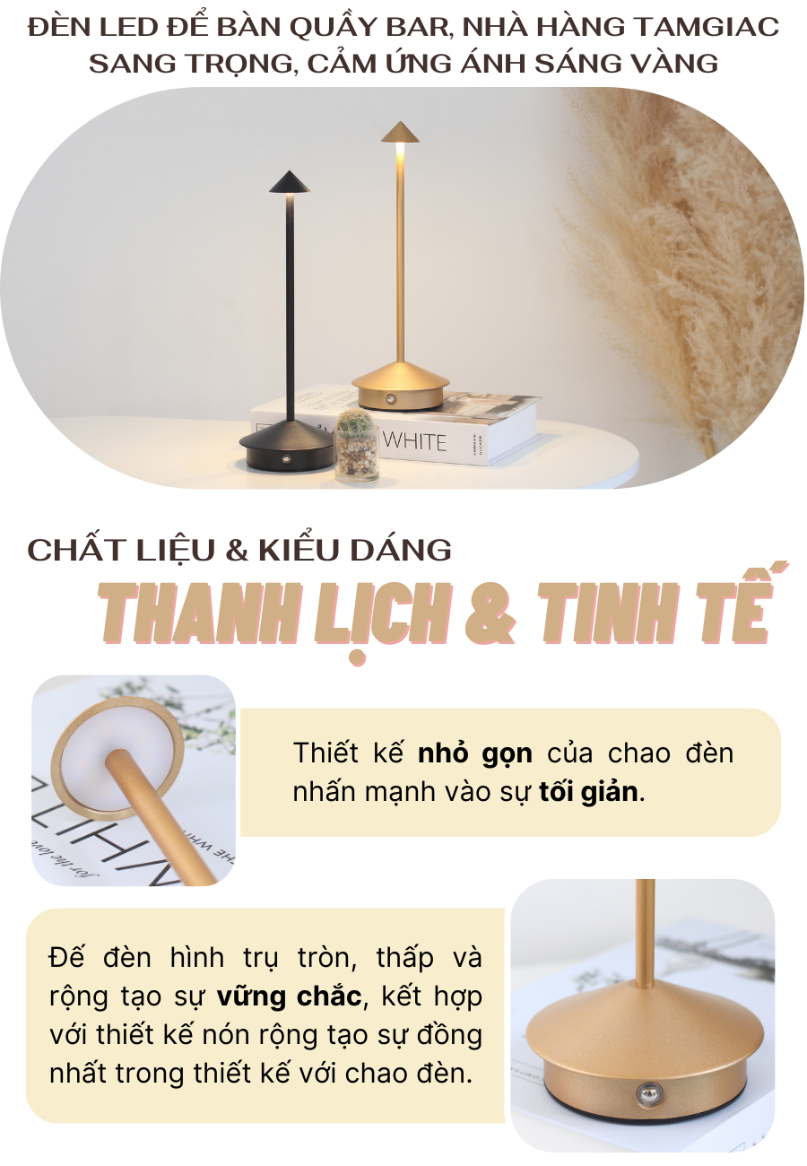 Đèn bàn led quầy bar, quán bar, bàn ăn nhà hàng, quán cà phê, cảm ứng, pin sạc, tích điện, ánh sáng vàng điều chỉnh độ sáng mã ET1