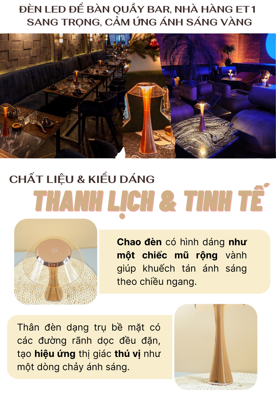 Đèn bàn led quầy bar, quán bar, bàn ăn nhà hàng, quán cà phê, cảm ứng, pin sạc, tích điện, ánh sáng vàng điều chỉnh độ sáng mã ET1