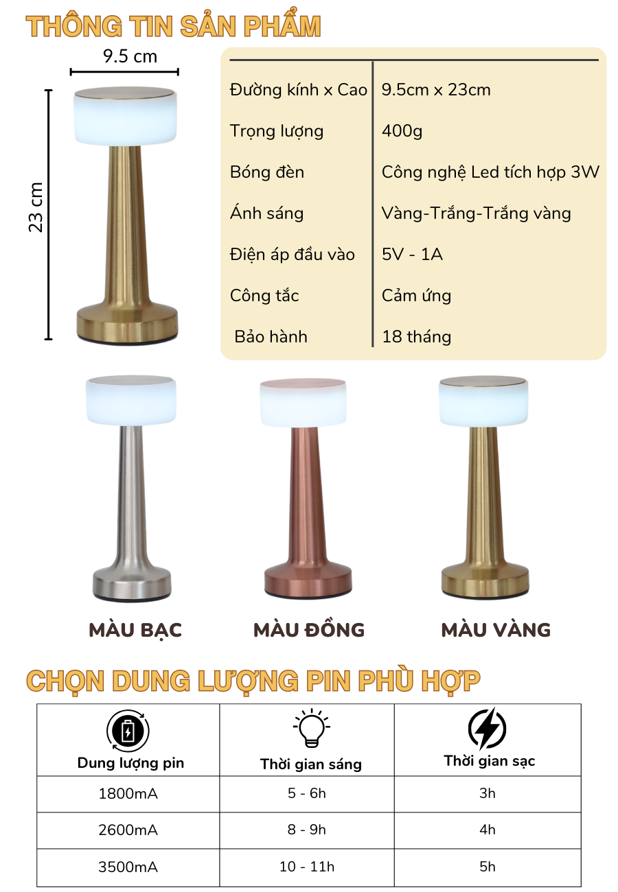 Thông số kỹ thuật của đèn bàn LED quán bar, nhà hàng RESTA