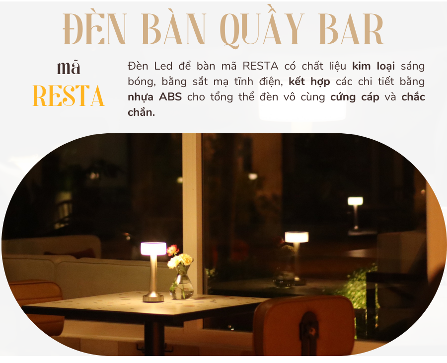Đèn Bàn Led Quầy Bar, Quán Bar, Bàn Ăn Nhà Hàng, Cảm Ứng, Ánh Sáng Vàng Điều Chỉnh Độ Sáng Mã RESTA