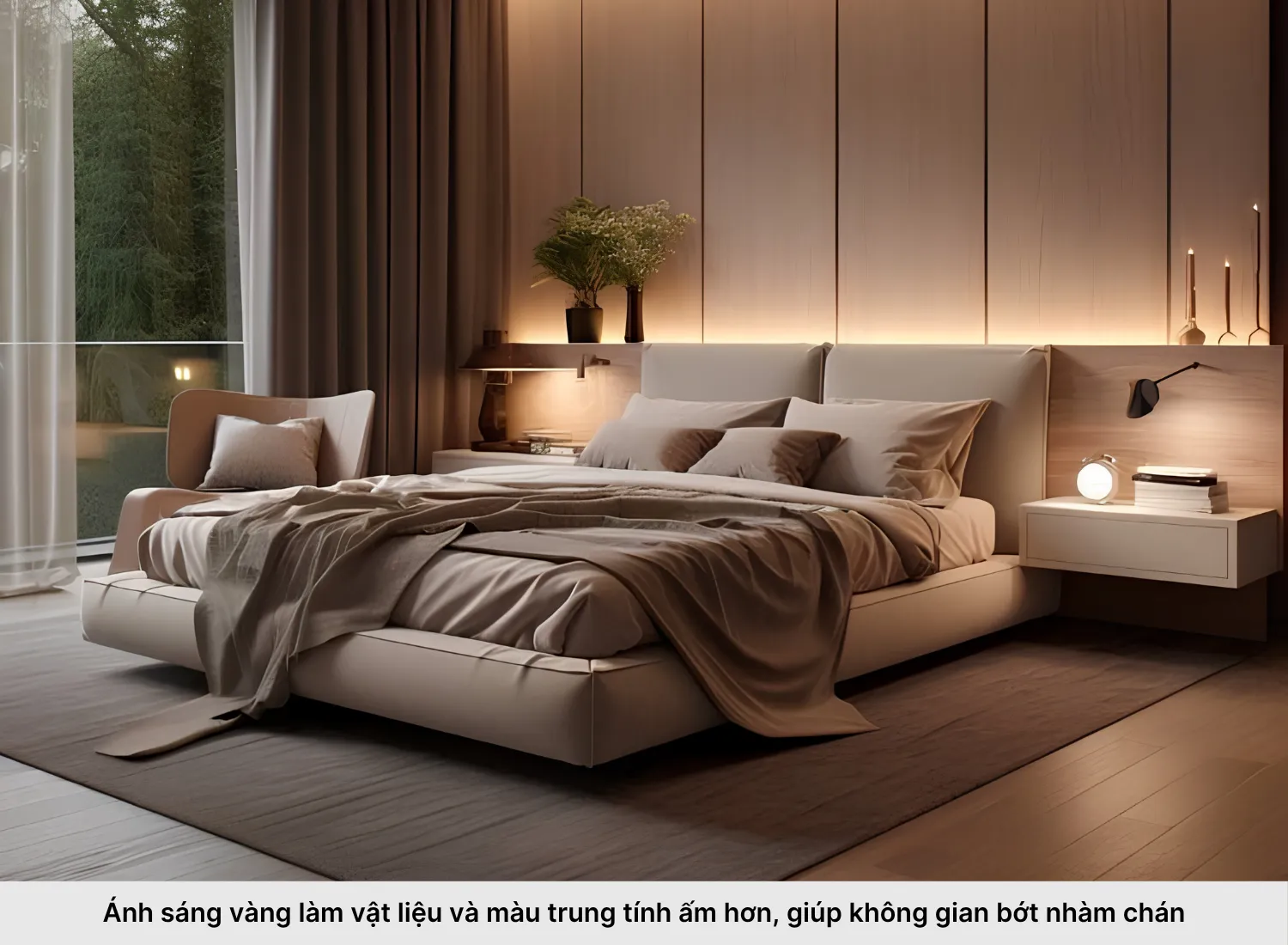 3. Đèn ngủ ánh sáng vàng tạo chiều sâu ấm áp cho không gian