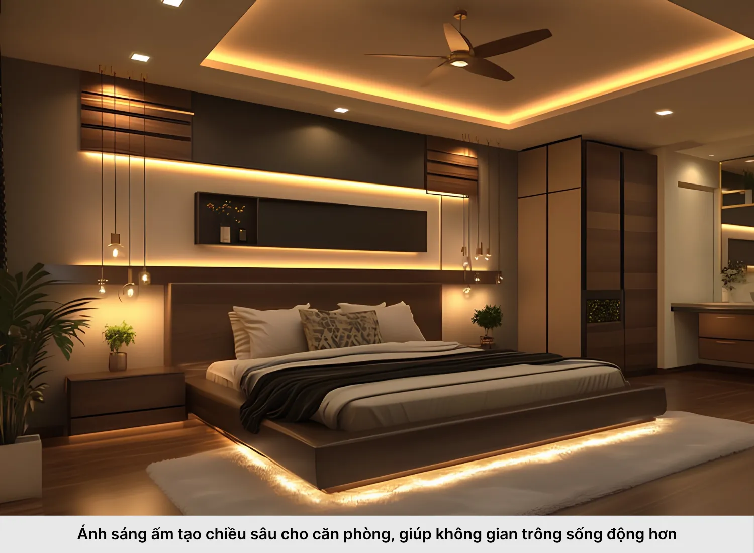3. Đèn ngủ ánh sáng vàng tạo chiều sâu ấm áp cho không gian