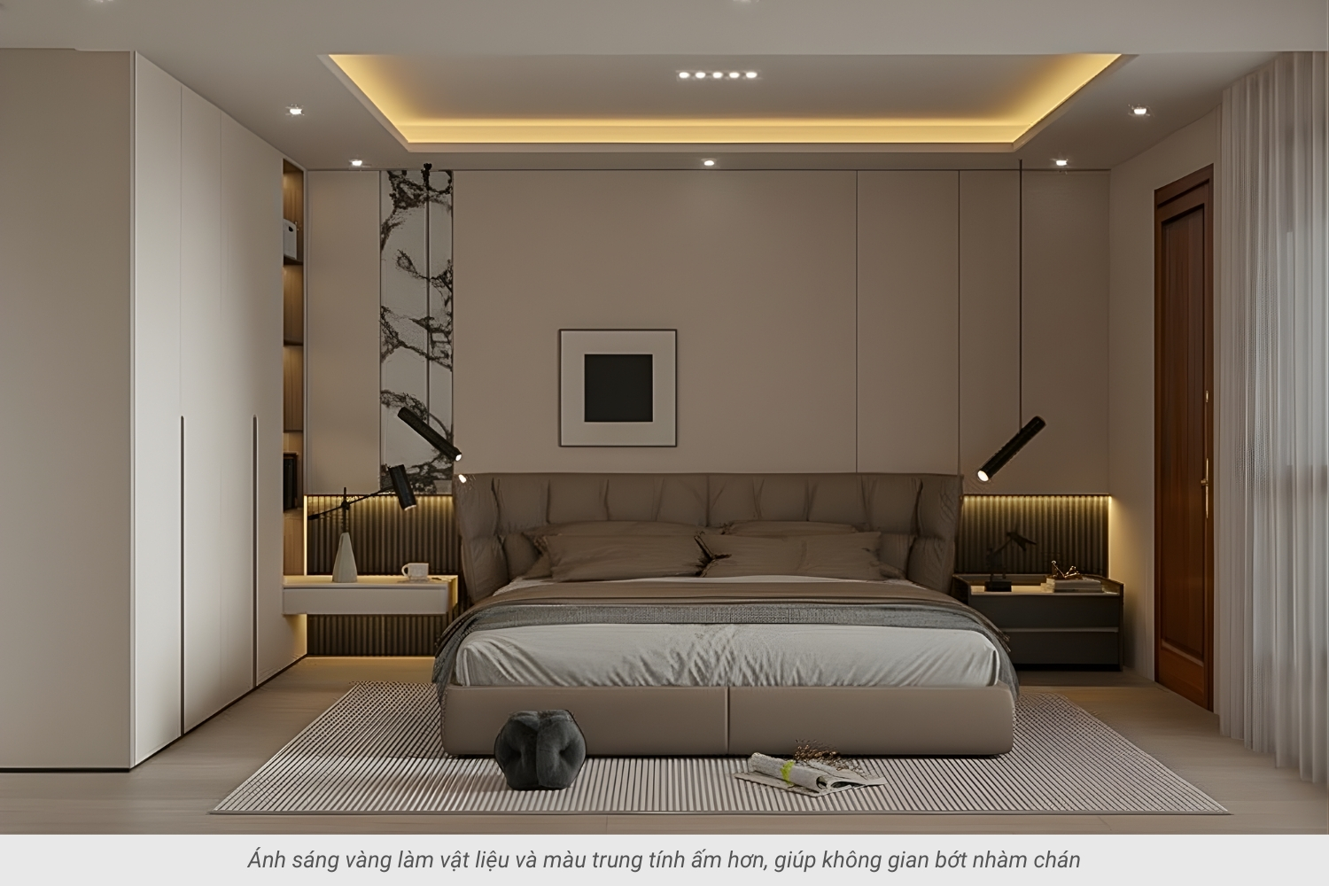 3. Đèn ngủ ánh sáng vàng tạo chiều sâu ấm áp cho không gian