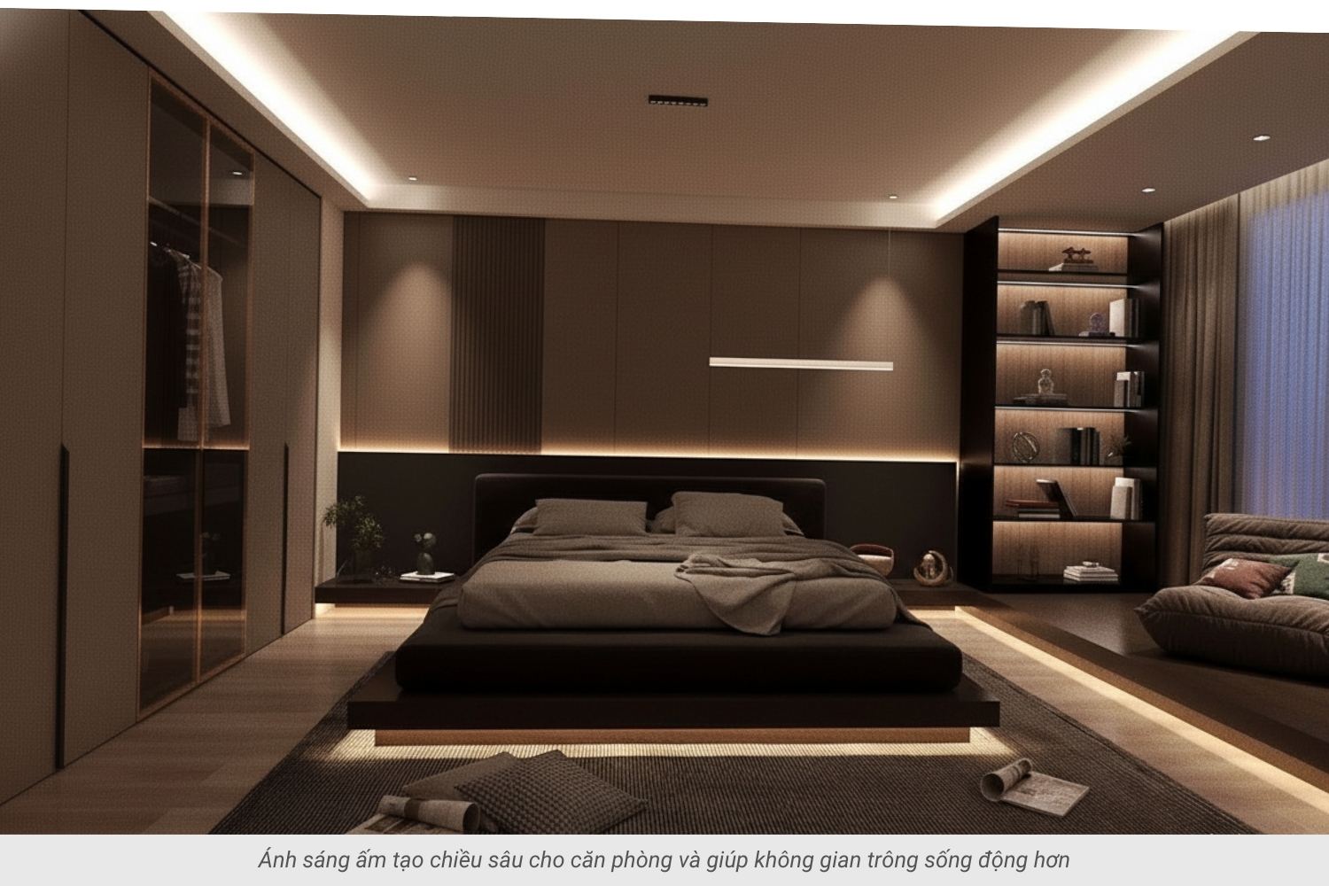 3. Đèn ngủ ánh sáng vàng tạo chiều sâu ấm áp cho không gian