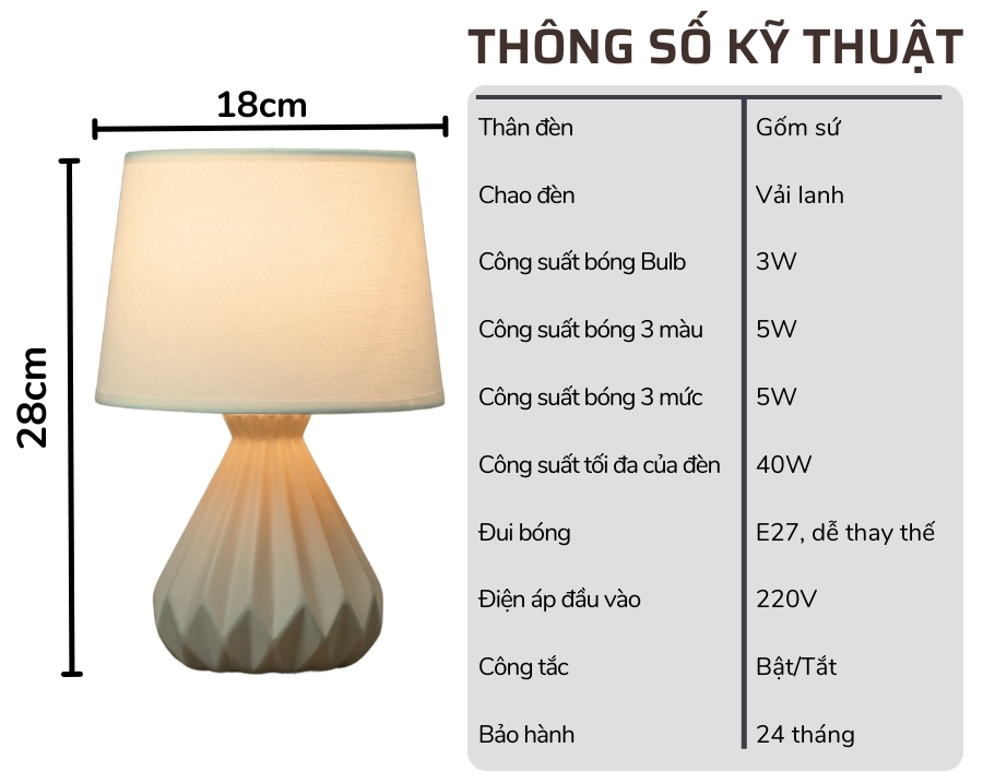 2. Thông số kĩ thuật đèn ngủ để bàn mã S13