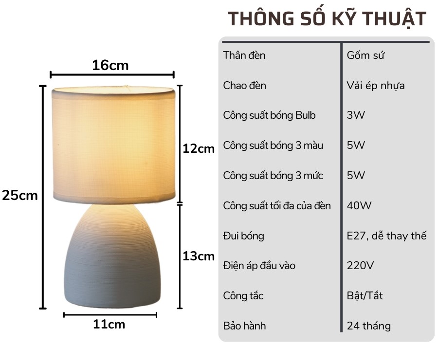 2. Thông số kĩ thuật đèn ngủ để bàn mã S2