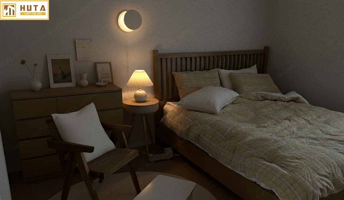 Đèn Ngủ Để Bàn HUTA Mã S8 Thân Gỗ Chắc Chắn, Chao Xếp Ly Vintage, 3 Màu Ánh Sáng