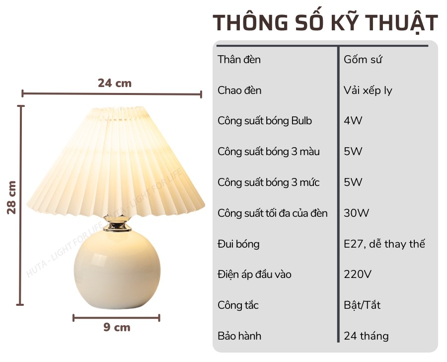 2. Thông số kĩ thuật đèn ngủ để bàn mã S8