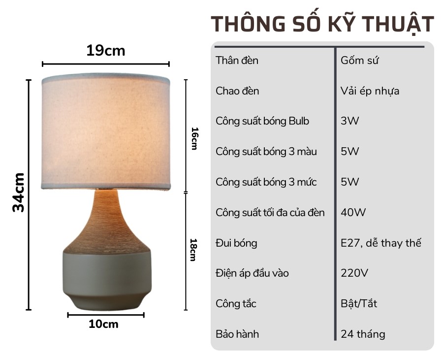 2. Thông số kĩ thuật đèn ngủ để bàn mã S14