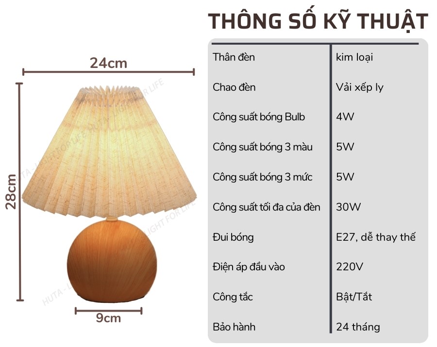 2. Thông số kĩ thuật đèn ngủ để bàn mã T8
