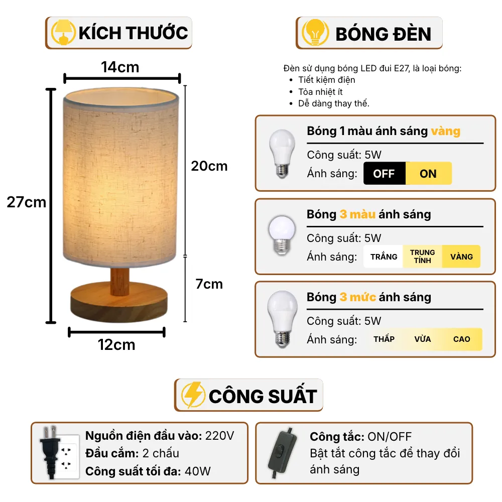 Thông Số Kĩ Thuật Đèn Ngủ Để Bàn HUTA Light For Life G1 Điều Chỉnh Độ Sáng, Bóng Led Sáng Vàng Tiết Kiệm Điện Năng