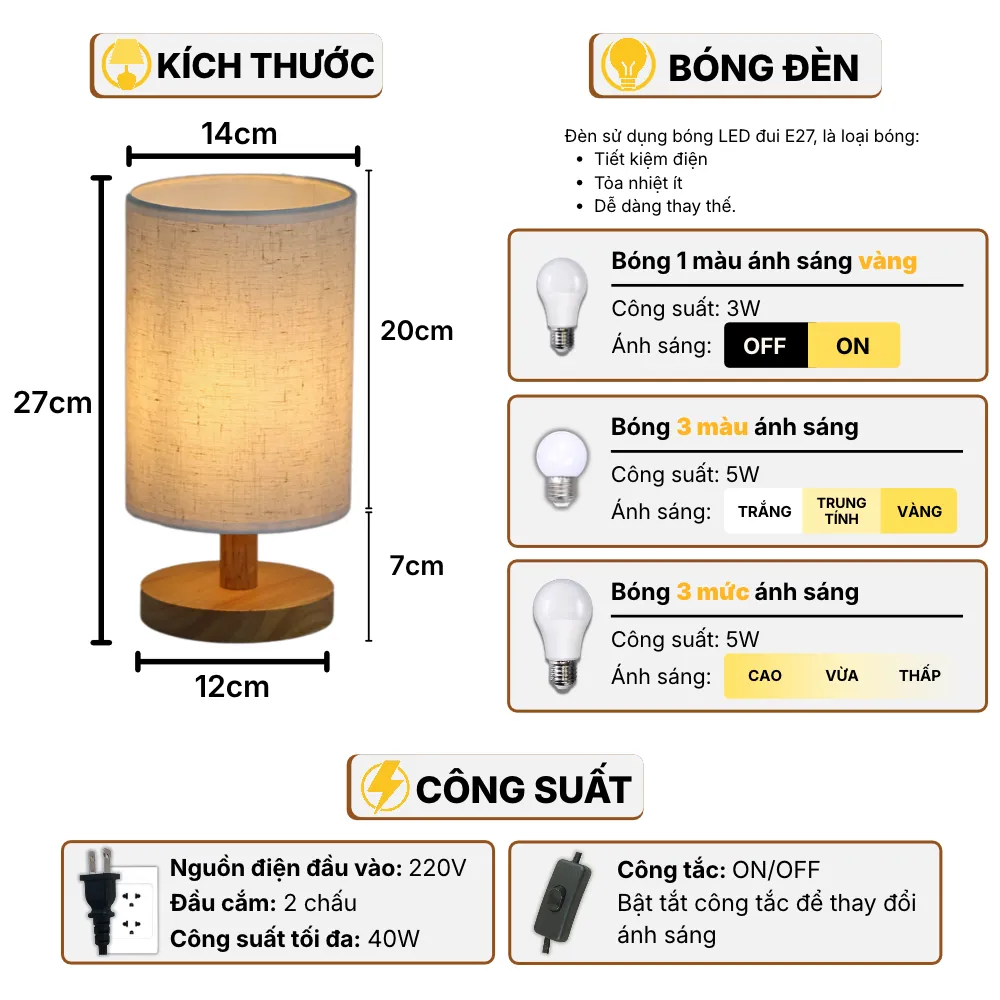 Thông Số Kĩ Thuật Đèn Ngủ Để Bàn HUTA Light For Life G1 Điều Chỉnh Độ Sáng, Bóng Led Sáng Vàng Tiết Kiệm Điện Năng