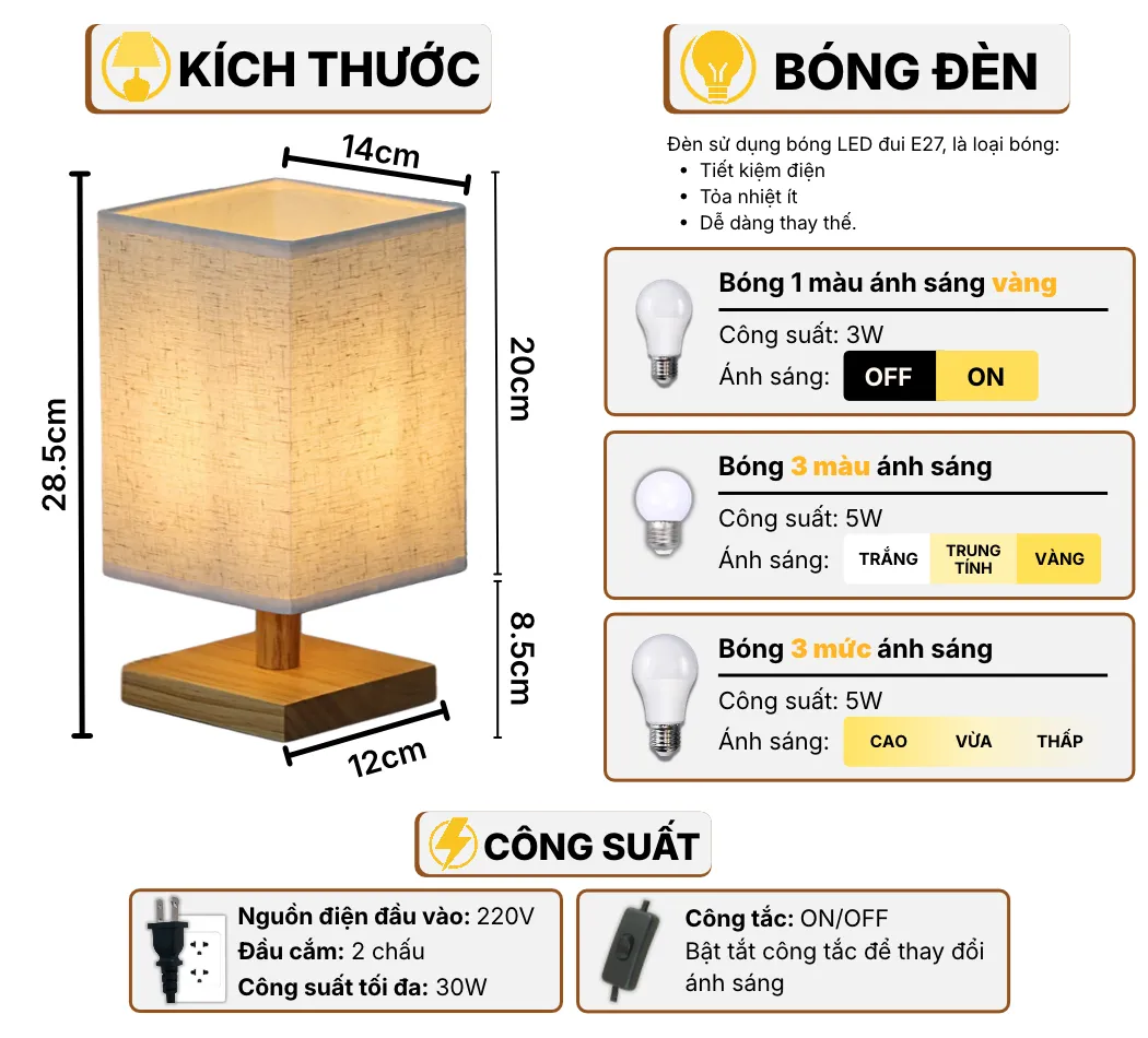 Thông Số Kĩ Thuật Đèn Ngủ Để Bàn HUTA Light For Life G3 Điều Chỉnh Độ Sáng, Bóng Led Sáng Vàng Tiết Kiệm Điện Năng