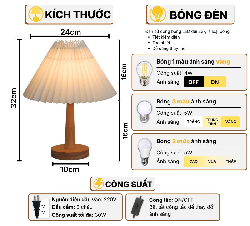 Thông Số Kĩ Thuật Đèn Ngủ Để Bàn HUTA Light For Life G5 Điều Chỉnh Độ Sáng, Bóng Led Sáng Vàng Tiết Kiệm Điện Năng