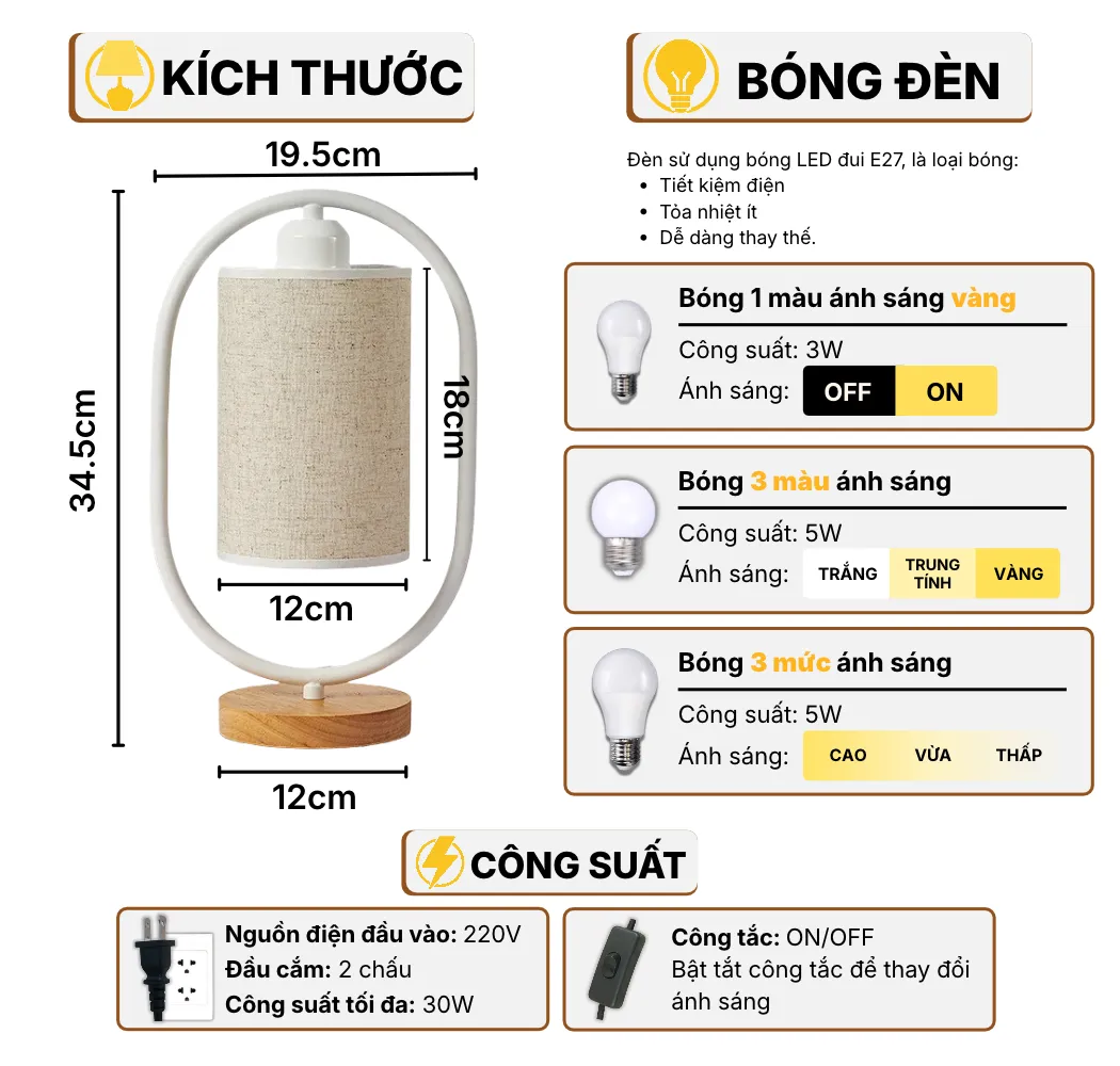Thông Số Kĩ Thuật Đèn Ngủ Để Bàn HUTA Light For Life G6 Điều Chỉnh Độ Sáng, Bóng Led Sáng Vàng Tiết Kiệm Điện Năng
