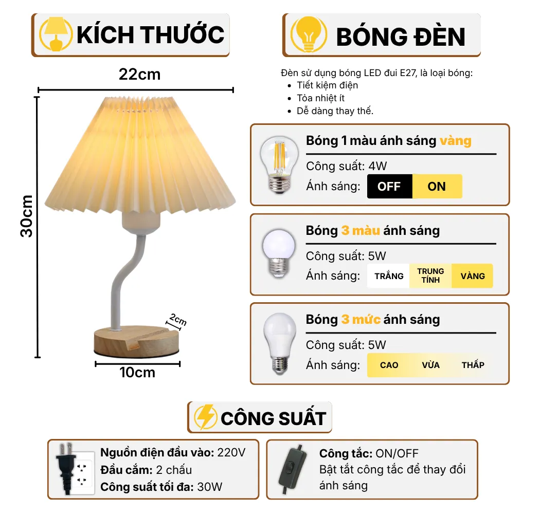 Thông Số Kĩ Thuật Đèn Ngủ Để Bàn HUTA Light For Life G8 Điều Chỉnh Độ Sáng, Bóng Led Sáng Vàng Tiết Kiệm Điện Năng