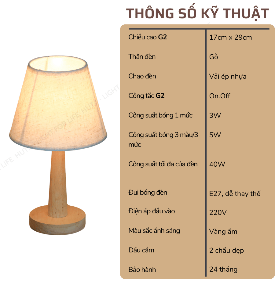 2. Thông số kĩ thuật đèn ngủ để bàn mã G2