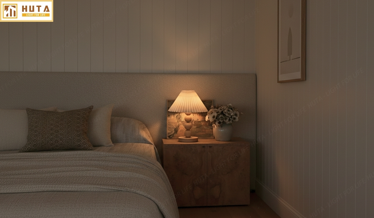 Đèn Ngủ Để Bàn HUTA Mã G7 Thân Gỗ Chắc Chắn, Chao Xếp Ly Vintage, 3 Màu Ánh Sáng