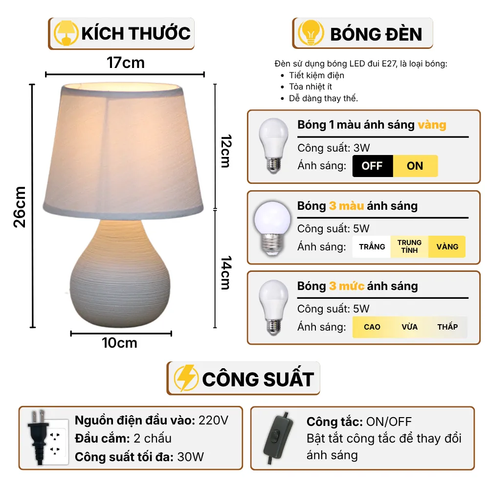 Thông Số Kĩ Thuật Đèn Ngủ Để Bàn HUTA Light For Life S1 Điều Chỉnh Độ Sáng, Bóng Led Sáng Vàng Tiết Kiệm Điện Năng