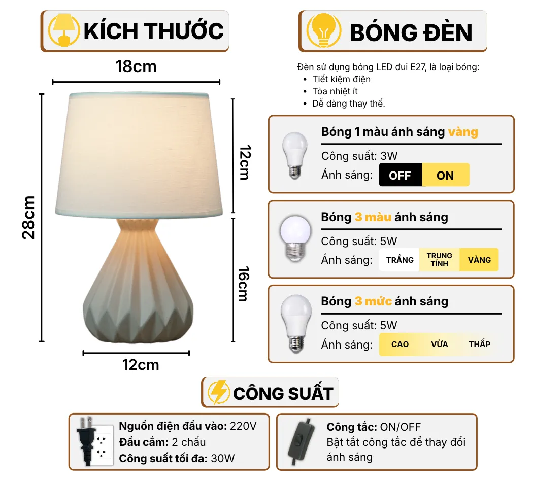 Thông Số Kĩ Thuật Đèn Ngủ Để Bàn HUTA Light For Life S13 Điều Chỉnh Độ Sáng, Bóng Led Sáng Vàng Tiết Kiệm Điện Năng