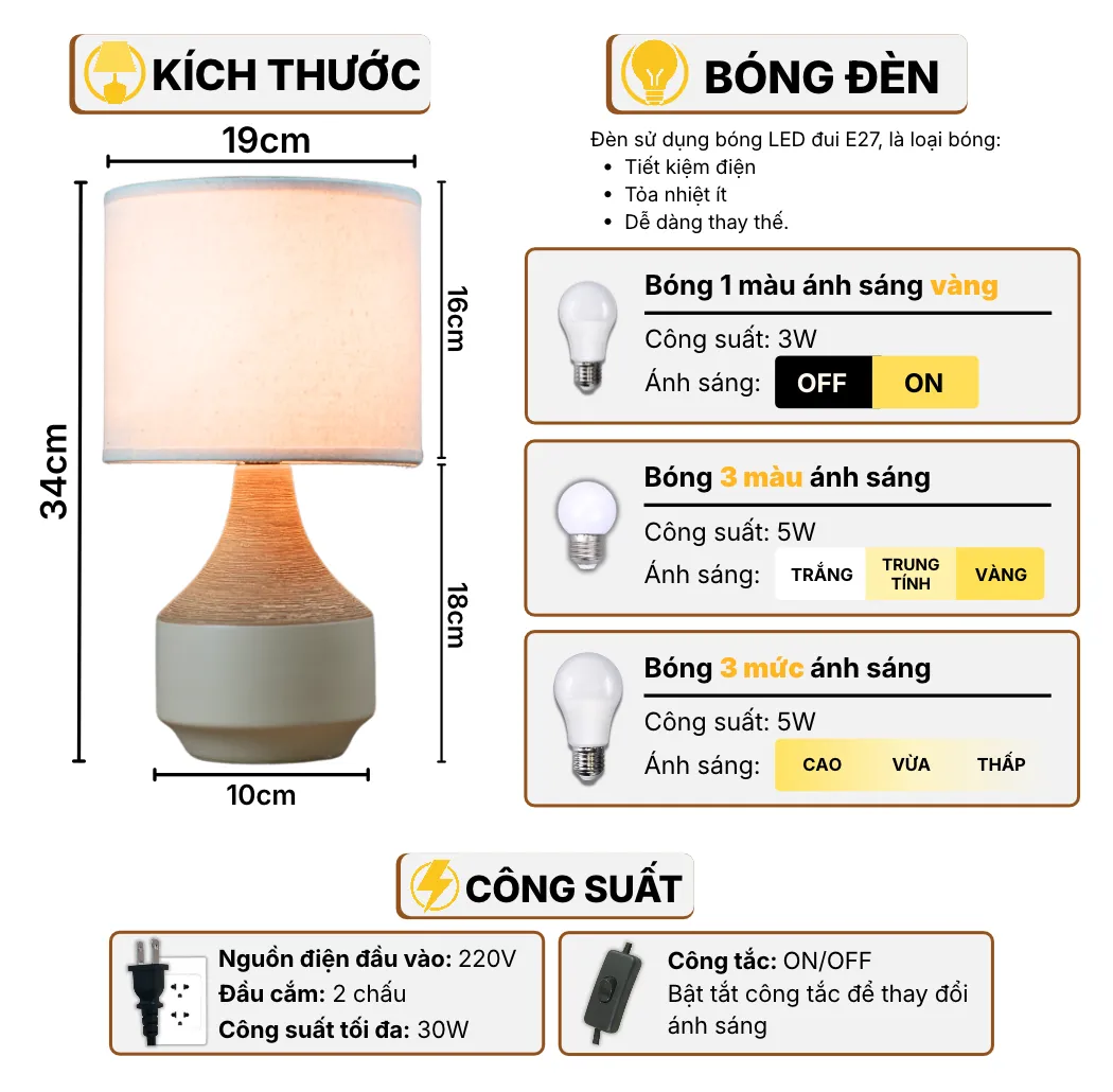 Thông Số Kĩ Thuật Đèn Ngủ Để Bàn HUTA Light For Life S14 Điều Chỉnh Độ Sáng, Bóng Led Sáng Vàng Tiết Kiệm Điện Năng