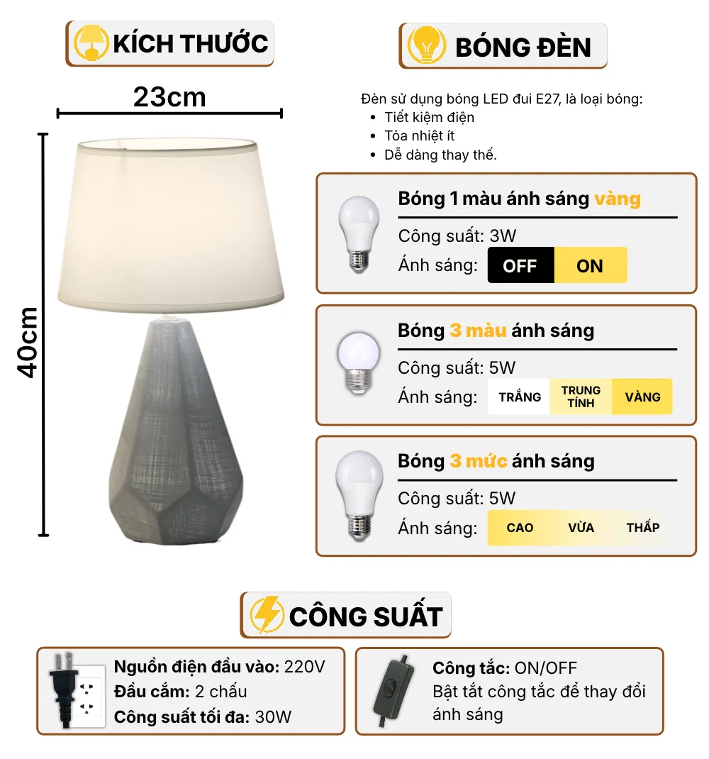 Thông Số Kĩ Thuật Đèn Ngủ Để Bàn HUTA Light For Life S15 Điều Chỉnh Độ Sáng, Bóng Led Sáng Vàng Tiết Kiệm Điện Năng