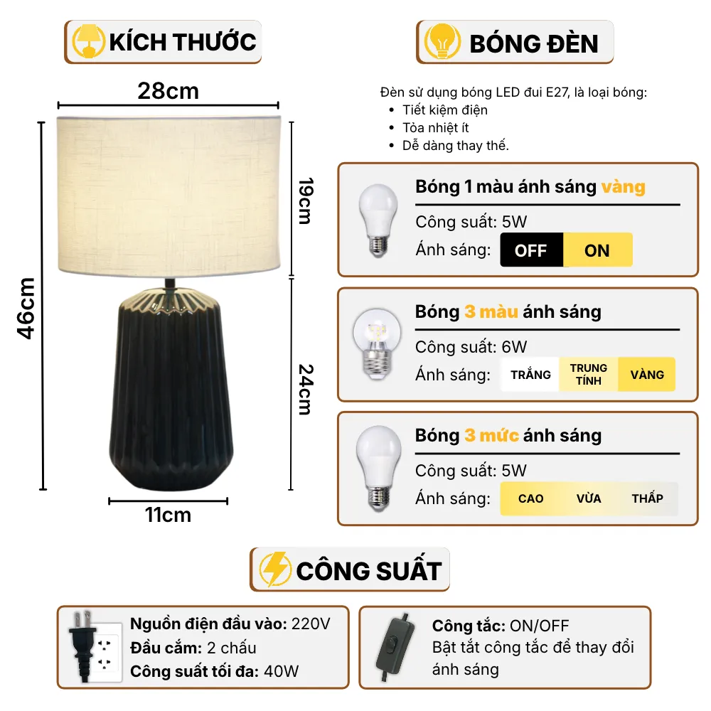 Thông Số Kĩ Thuật Đèn Ngủ Để Bàn HUTA Light For Life S17 Điều Chỉnh Độ Sáng, Bóng Led Sáng Vàng Tiết Kiệm Điện Năng