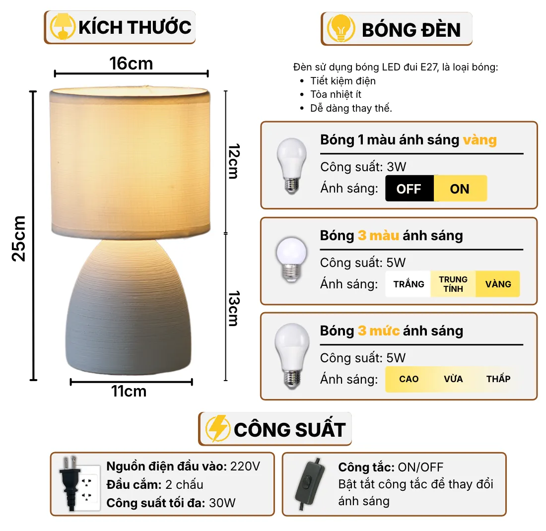 Thông Số Kĩ Thuật Đèn Ngủ Để Bàn HUTA Light For Life S2 Điều Chỉnh Độ Sáng, Bóng Led Sáng Vàng Tiết Kiệm Điện Năng