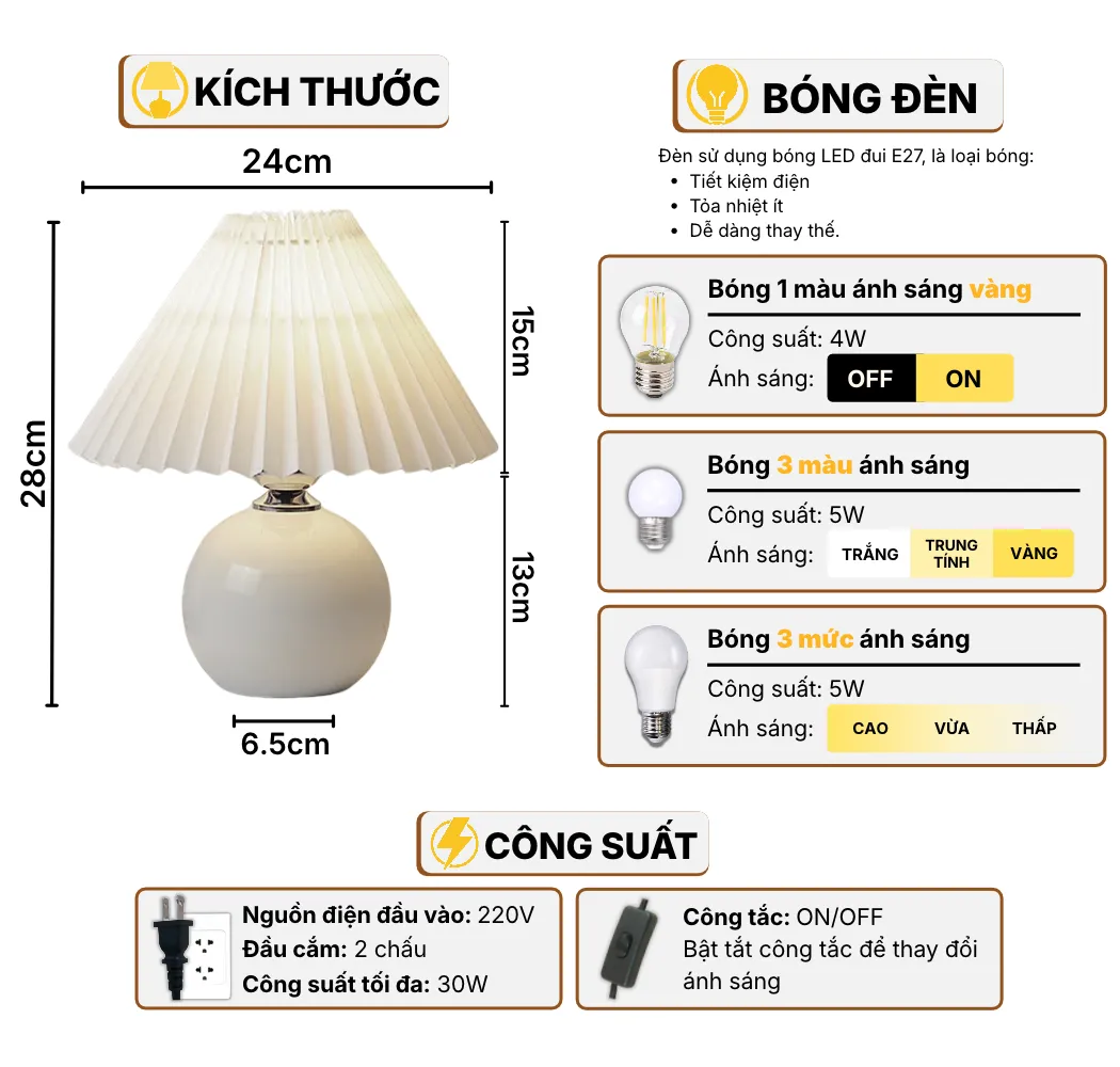 Thông Số Kĩ Thuật Đèn Ngủ Để Bàn HUTA Light For Life S8 Điều Chỉnh Độ Sáng, Bóng Led Sáng Vàng Tiết Kiệm Điện Năng