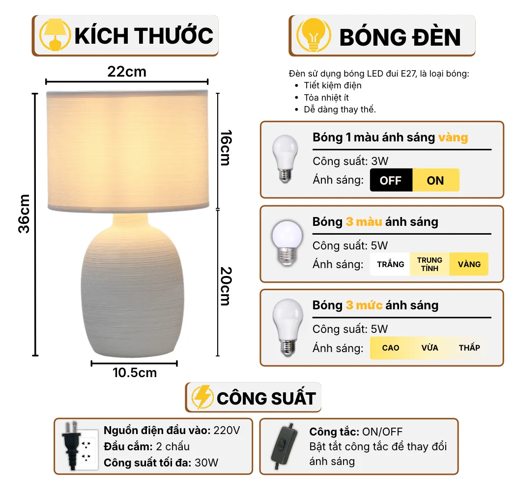 Thông Số Kĩ Thuật Đèn Ngủ Để Bàn HUTA Light For Life S9 Điều Chỉnh Độ Sáng, Bóng Led Sáng Vàng Tiết Kiệm Điện Năng