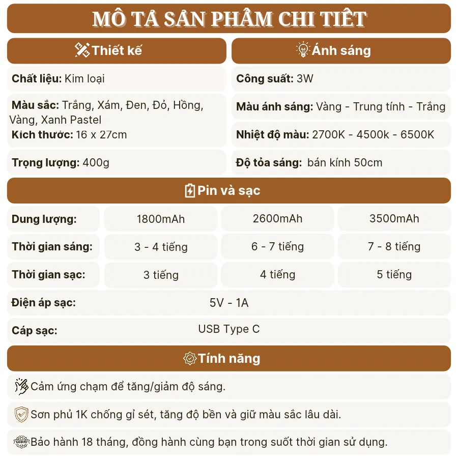 Thông số kỹ thuật đèn bàn pin sạc BEDNAM chạm cảm ứng, bảo hành 18 tháng