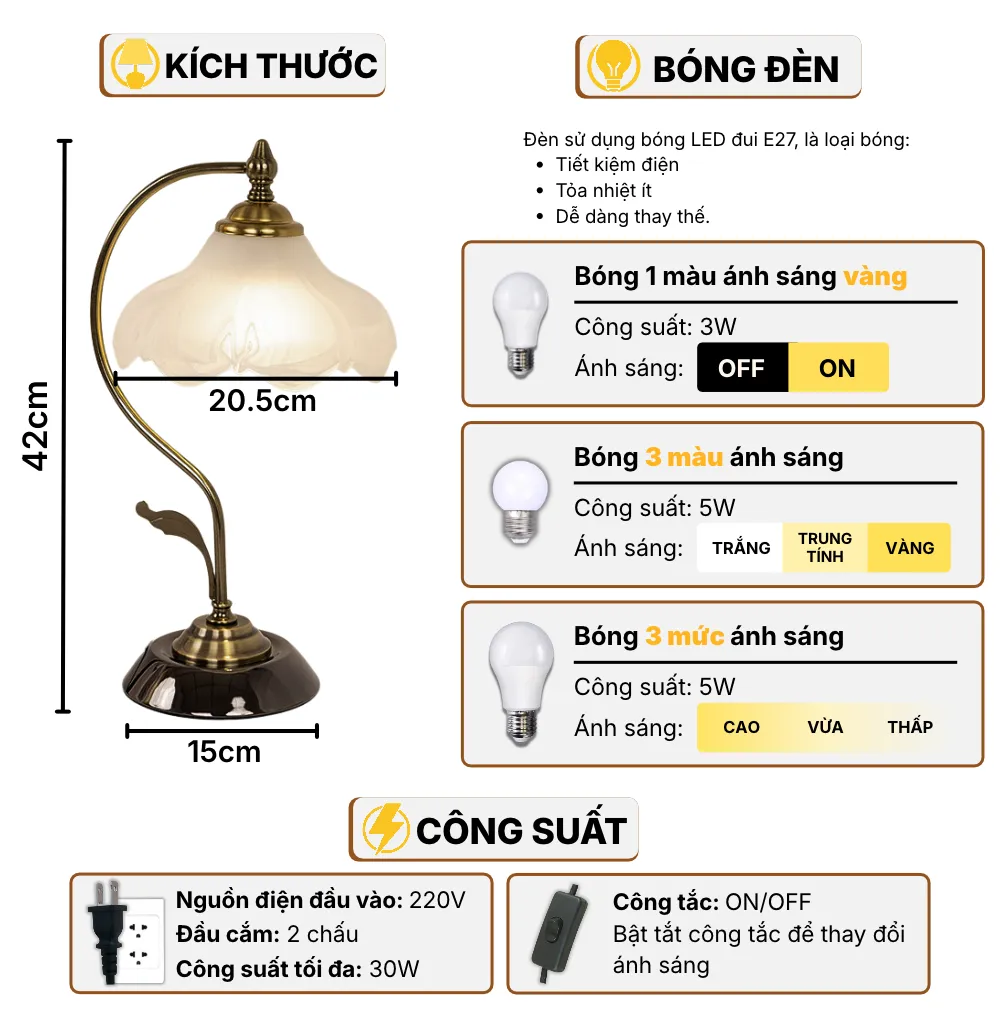 Thông Số Kĩ Thuật Đèn Ngủ Để Bàn HUTA Light For Life CD2 Điều Chỉnh Độ Sáng, Bóng Led Sáng Vàng Tiết Kiệm Điện Năng