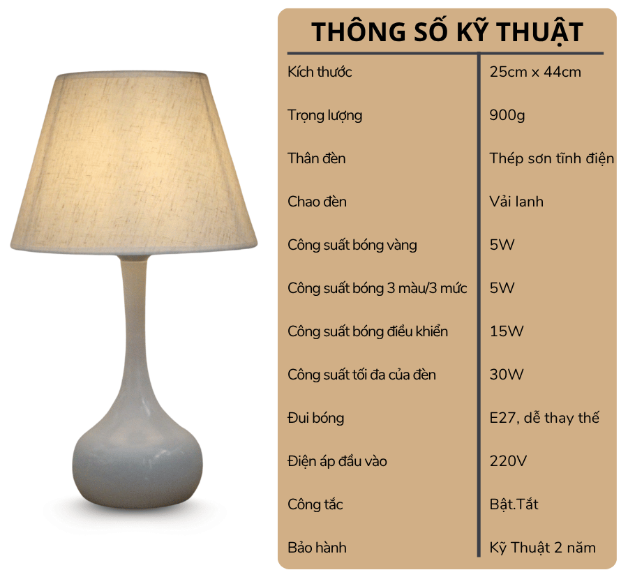 2. Thông số kĩ thuật đèn ngủ để bàn mã T3
