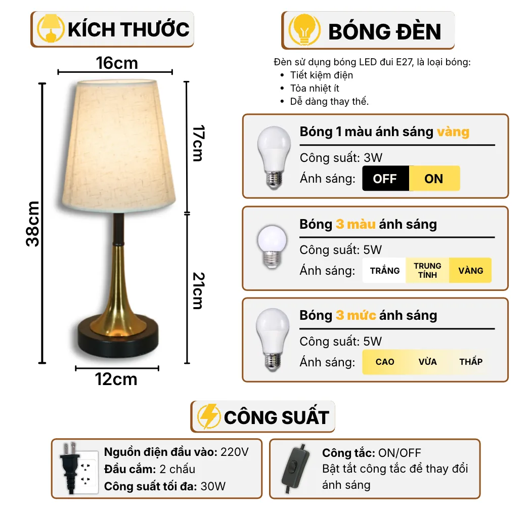 Thông Số Kĩ Thuật Đèn Ngủ Để Bàn HUTA Light For Life T5S Điều Chỉnh Độ Sáng, Bóng Led Sáng Vàng Tiết Kiệm Điện Năng